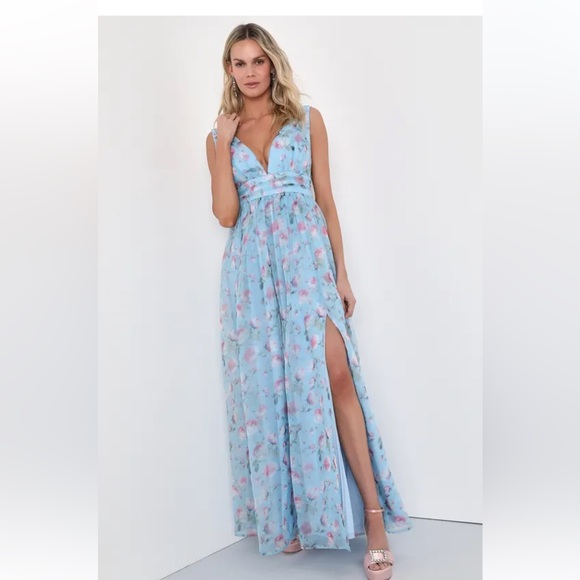 NWT Lulu’s-Garden Romance Light Blue Floral Print Organza Maxi Dress,medium - Picture 4 of 6